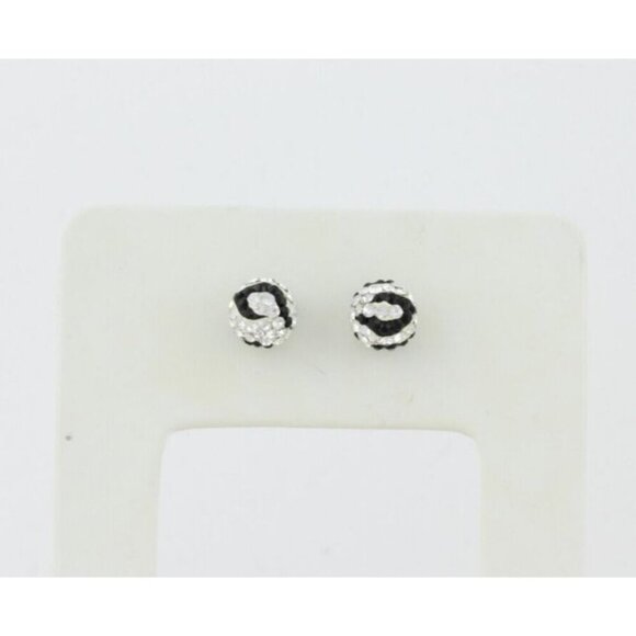14k White Gold Black & White Crystal Stud Earrings Sparkly Ball - Picture 7 of 9